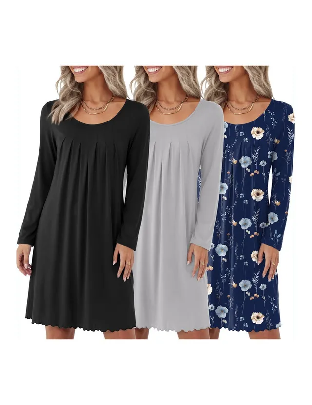 ekouaer-nightgowns-nachthemd-3er-pack-blumen-langarm-taschen image 1