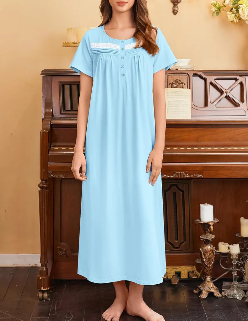 ekouaer-nightgowns-baumwoll-nachthemd-taschen-kurzarm image 1