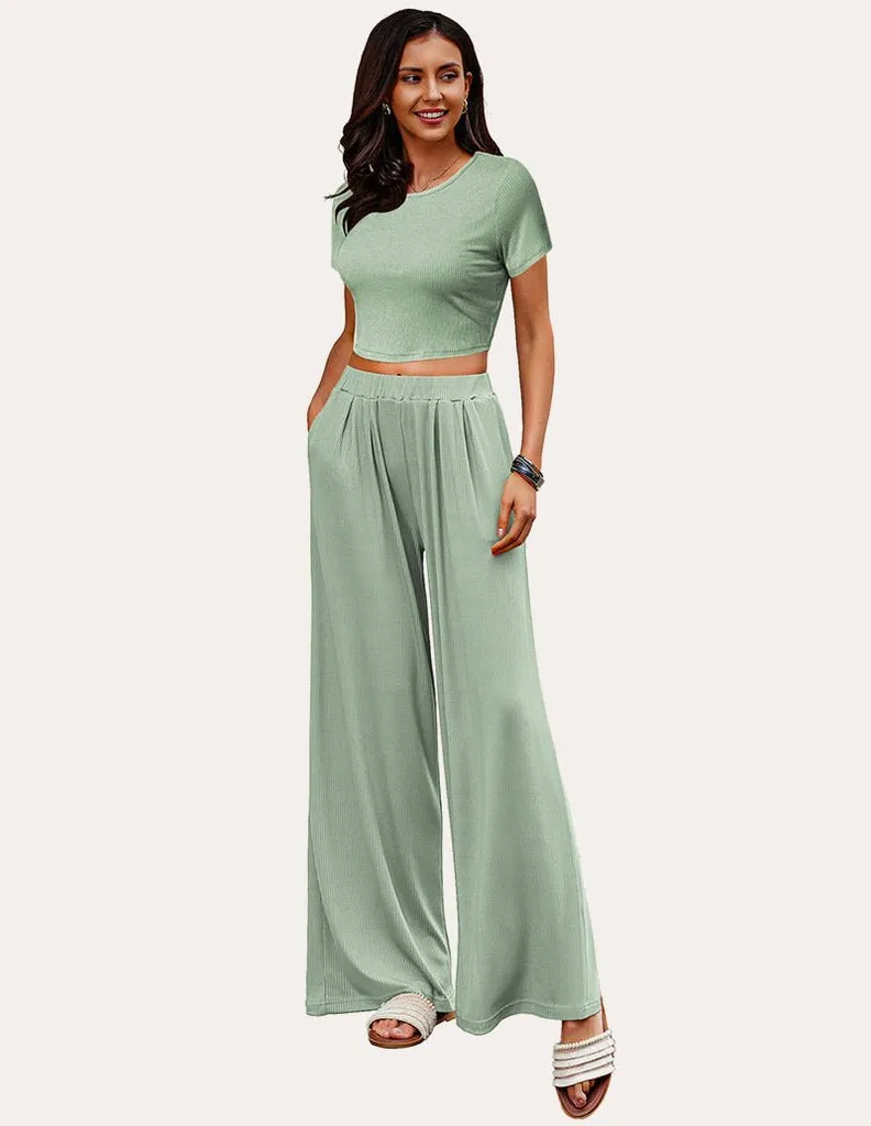 ekouaer-pyjama-set-ripp-zweiteilig-crop-top-weites-bein-kurzarm image 1