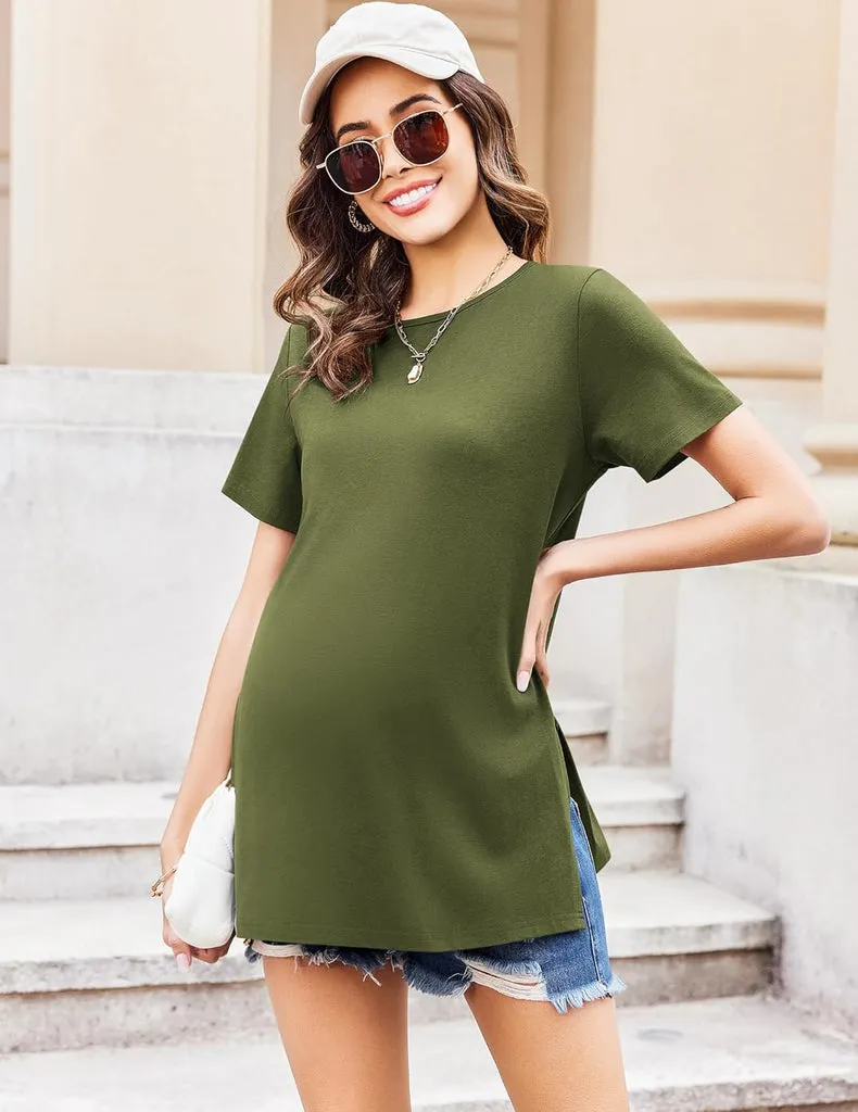 ekouaer-maternity-umstandsshirt-kurzarm-seitenschlitz-lang image 1