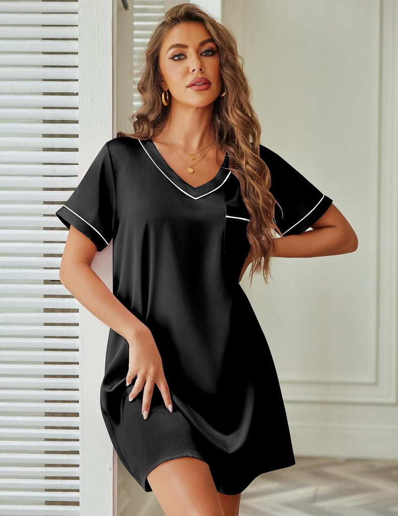 ekouaer-nightgowns-satin-nachthemd-v-ausschnitt-kurzarm-knielang image 1