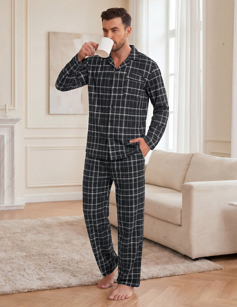 ekouaer-men-pyjama-set-karo-langarm-button-down image 1