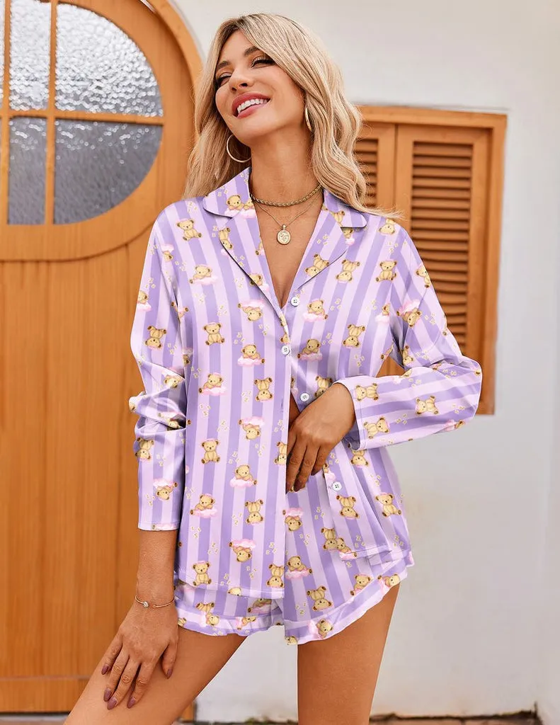 ekouaer-teddy-satin-ruffled-pyjama-langarm-shorts image 1