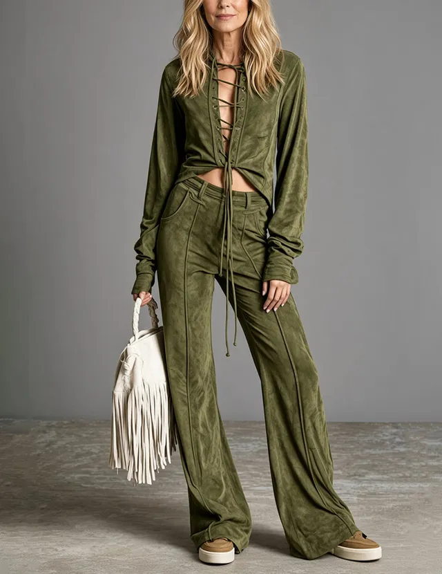 ekouaer-robes-samt-zweiteiler-cardigan-hose-army-green image 1