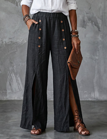 ekouaer-pajama-sets-schlafhose-weit-schlitz-knopfleiste-schwarz image 3