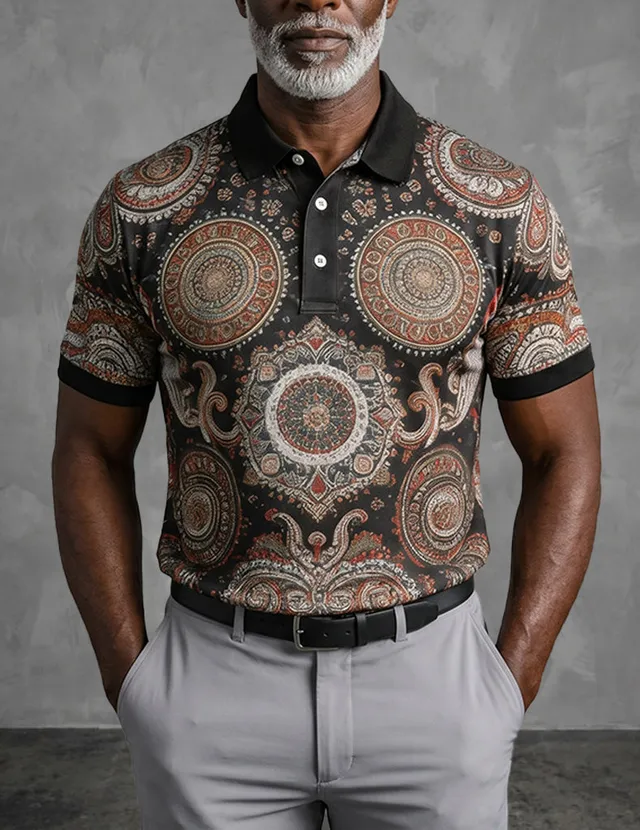 ekouaer-men-polohemd-golf-slim-fit-schwarz-mandala-paisley image 1
