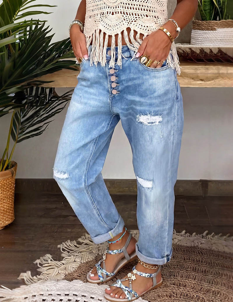 ekouaer-distressed-straight-leg-jeans-high-waist-blau image 1