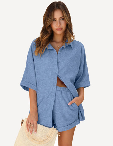 ekouaer-leisure-waffle-2-piece-pyjama-set-waffelstruktur image 3