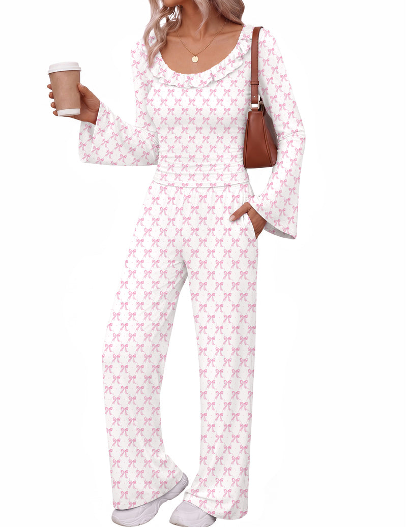 ekouaer-pajama-sets-pink-bow-schlafanzug-glocke-lang-2-teilig image 2