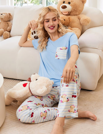 ekouaer-pajama-sets-3-piece-kurzarm-pyjama-set-shorts-hose-taschen image 3