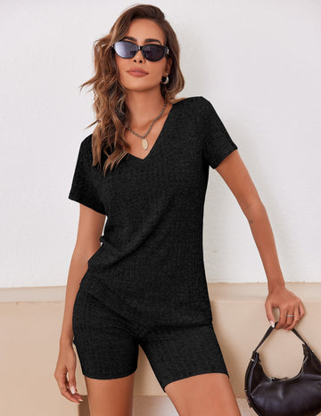 ekouaer-pyjama-set-damen-kurzarm-ripp-v-ausschnitt-shorts image 7