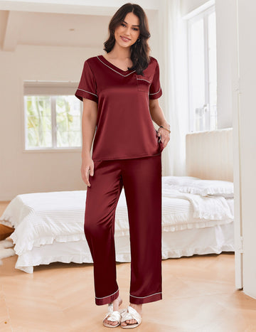 ekouaer-pajama-sets-satin-schlafanzug-kurzarm-unifarben image 6