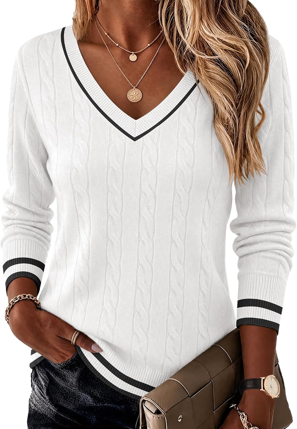 ekouaer-pajama-sets-v-neck-stricktop-apricot-langarm image 2