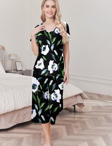 ekouaer-capri-pyjama-kurzarm-v-ausschnitt-baumwolle-taschen image 5