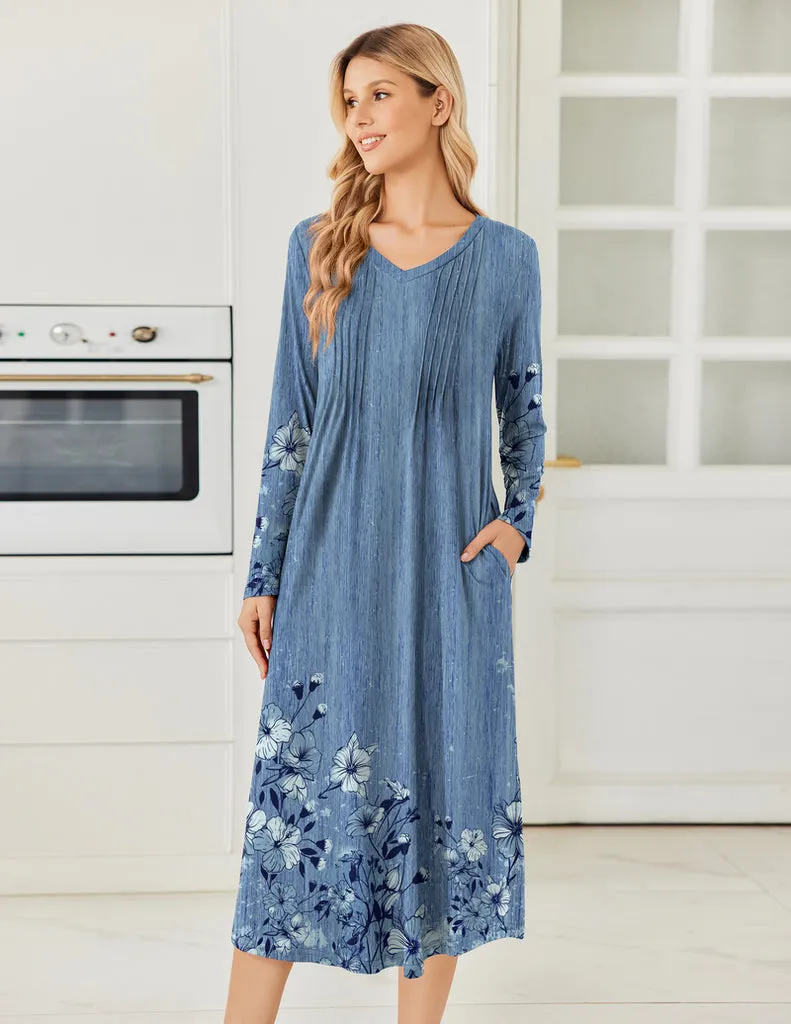 ekouaer-nightgowns-nachthemd-blumen-langarm-lang-plissee image 1