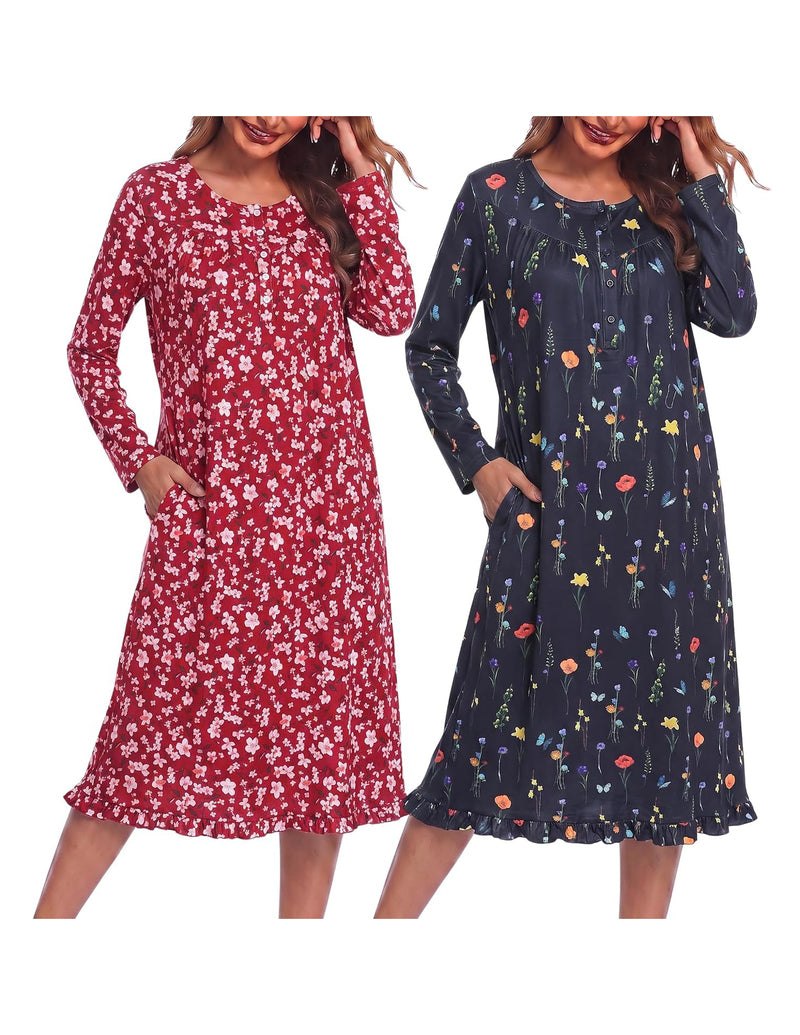 ekouaer-nightgowns-langarm-nachthemd-2er-pack-pink-floral image 8