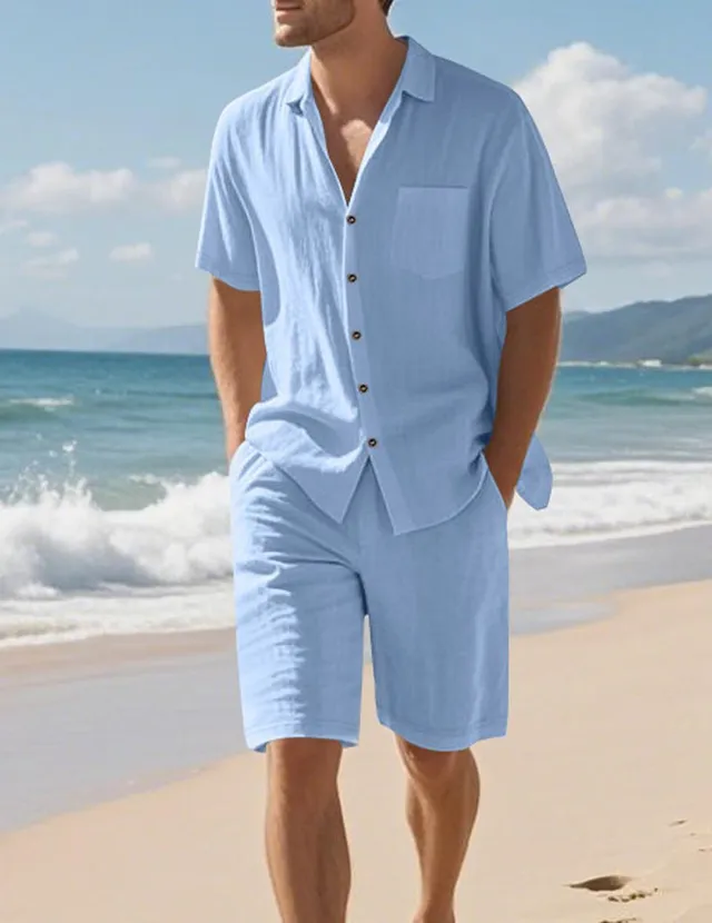 ekouaer-men-leinen-set-herren-hemd-und-shorts-2-teilig-sommer image 1