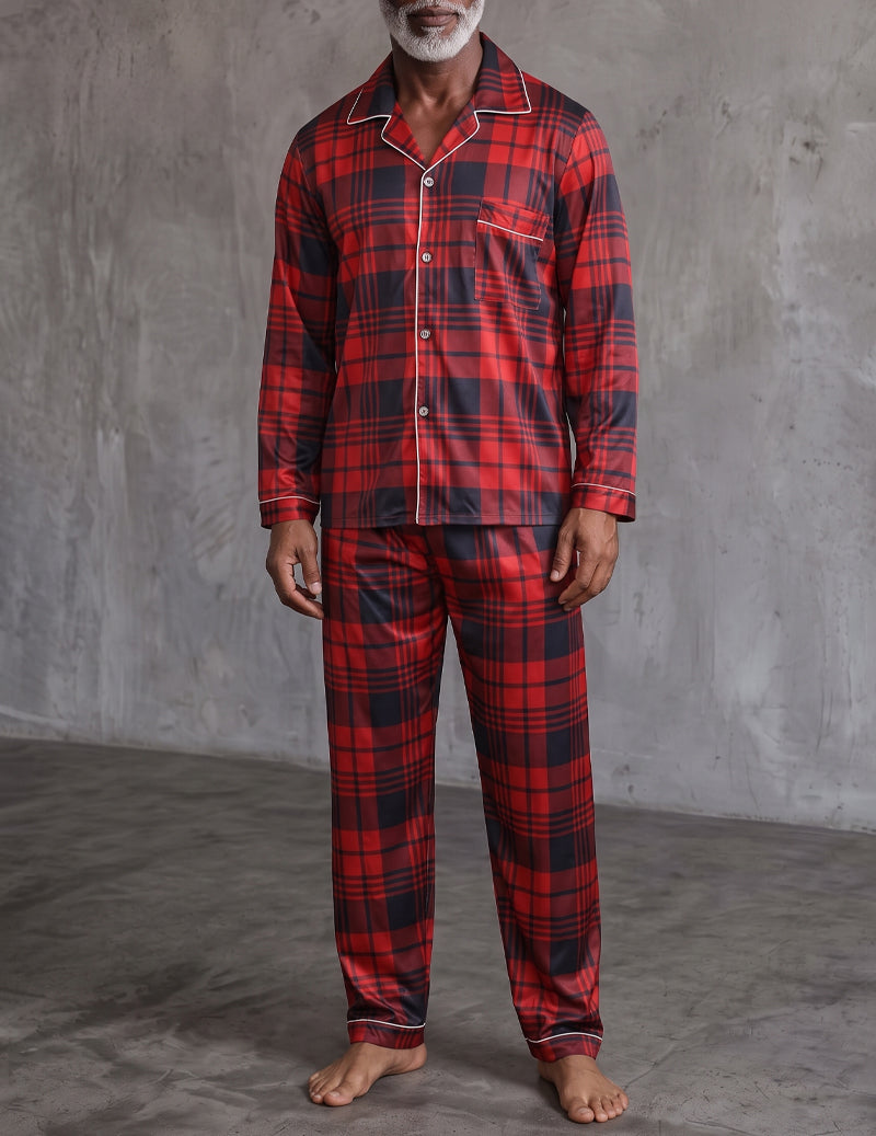 ekouaer-men-herren-schlafanzug-satin-rot-kariert-langarm image 3