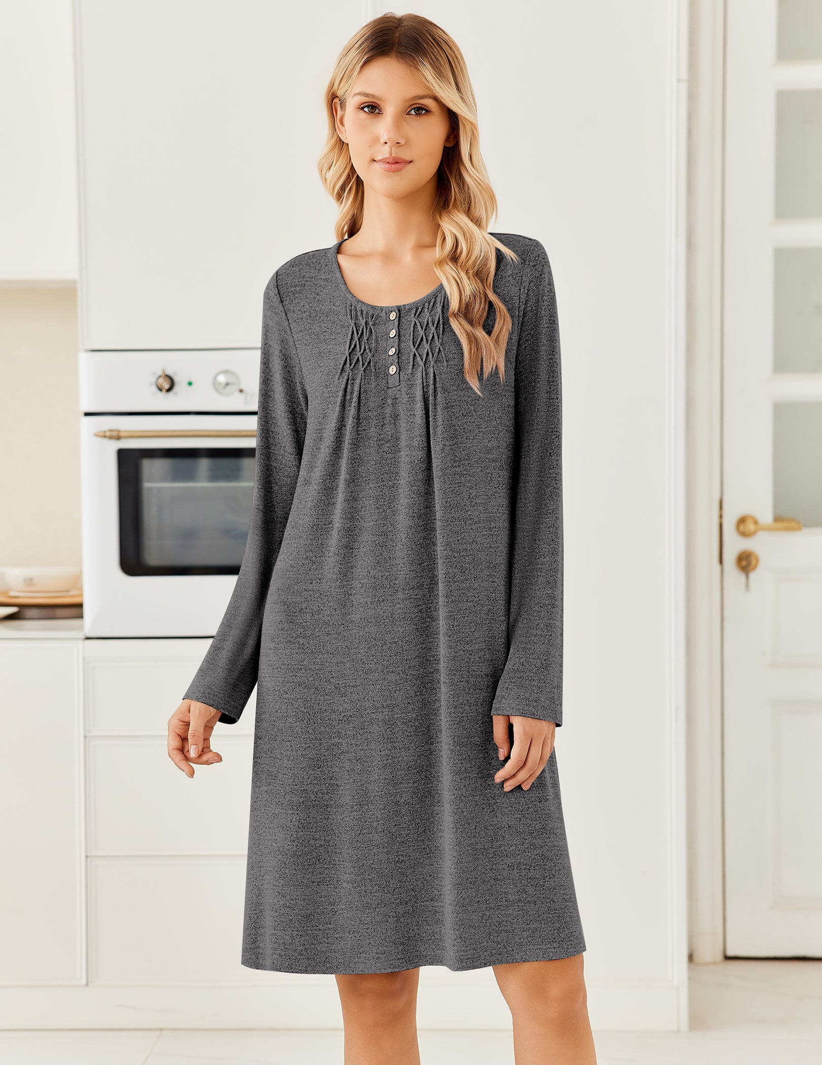 ekouaer-nightgowns-henley-nachthemd-damen-schwarz-l-knielang image 3