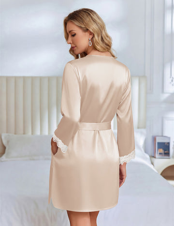 ekouaer-robes-satin-3-4-arm-kimono-morgenmantel-spitze image 5