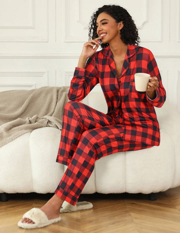 ekouaer-plaid-schlafanzug-pyjama-karo-set-knopfleiste-langarm image 3
