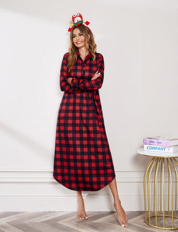 ekouaer-pajama-langarm-karo-nachthemd-mit-taschen image 5