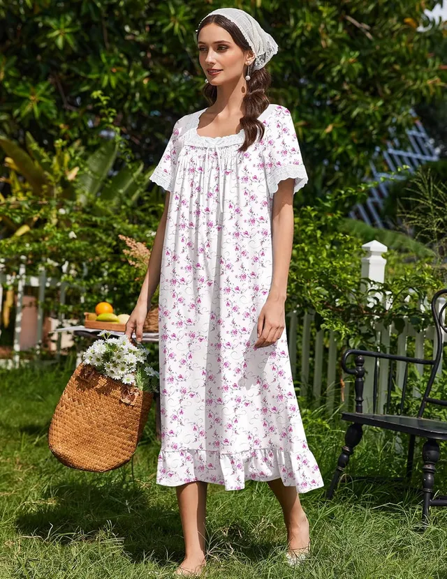 ekouaer-nightgowns-cotton-nachthemd-kurzarm-spitze-vintage image 1