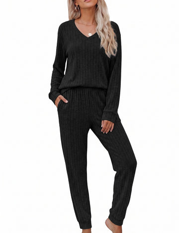 ekouaer-fleece-lounge-set-v-ausschnitt-jogger-winter image 3