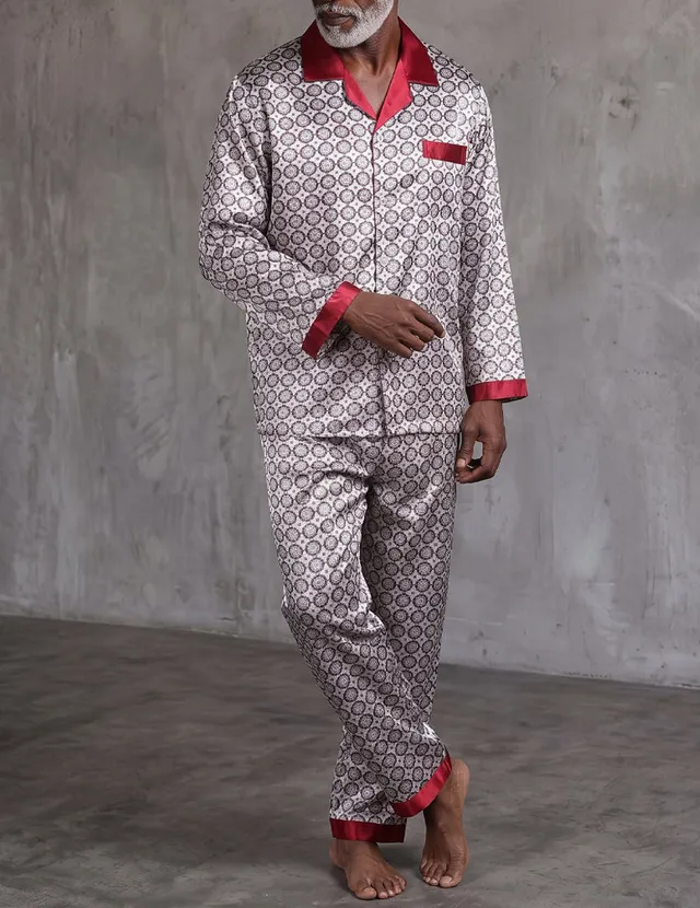 ekouaer-men-satin-pyjama-red-geometric-langarm-gemustert image 1
