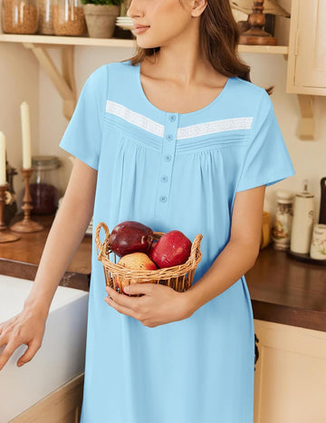 ekouaer-nightgowns-baumwoll-nachthemd-taschen-kurzarm image 3