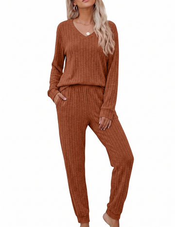 ekouaer-fleece-lounge-set-v-ausschnitt-jogger-winter image 7