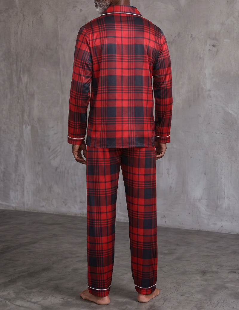 ekouaer-men-herren-schlafanzug-satin-rot-kariert-langarm image 2
