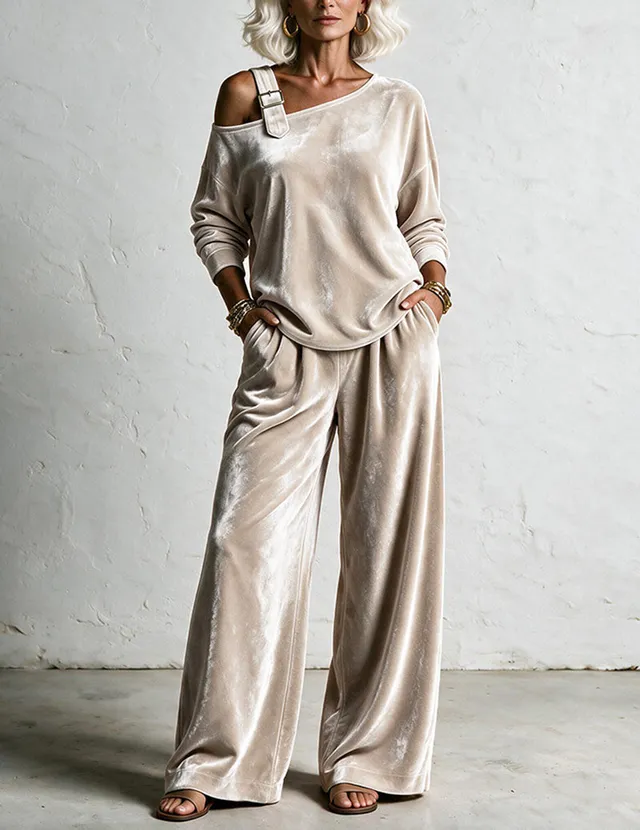 ekouaer-velvet-one-shoulder-hausanzug-samt-khaki-2-tlg image 1