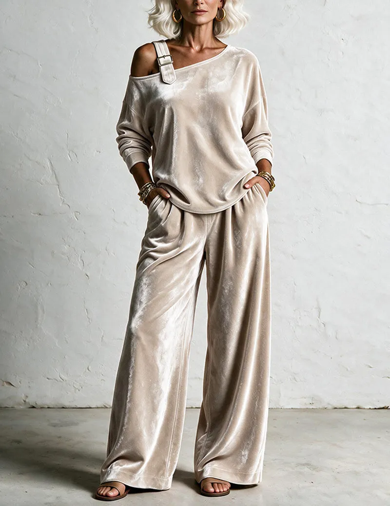 ekouaer-velvet-one-shoulder-hausanzug-samt-khaki-2-tlg image 1