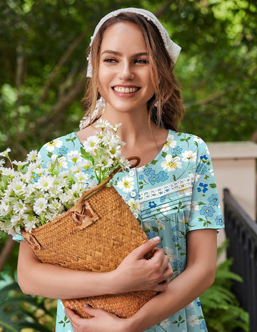 ekouaer-nightgowns-nachthemd-blumen-kurzarm-taschen image 3