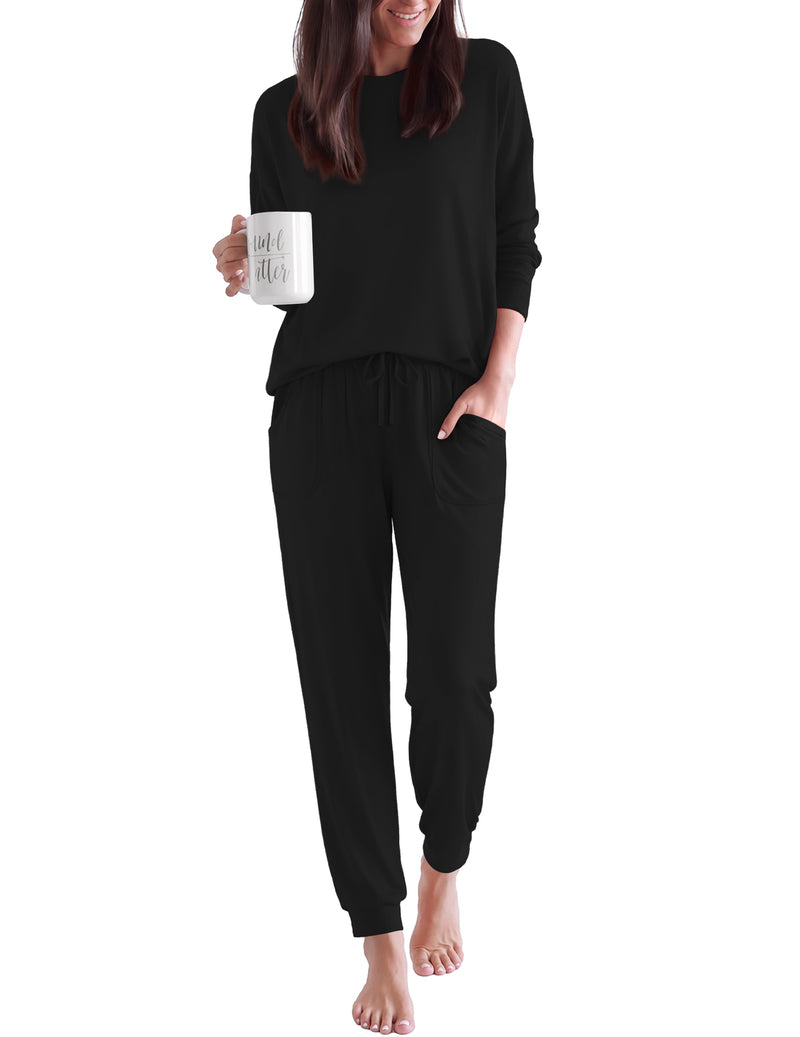 ekouaer-pajama-sets-pyjama-schwarz-crew-neck-mit-kordel image 7