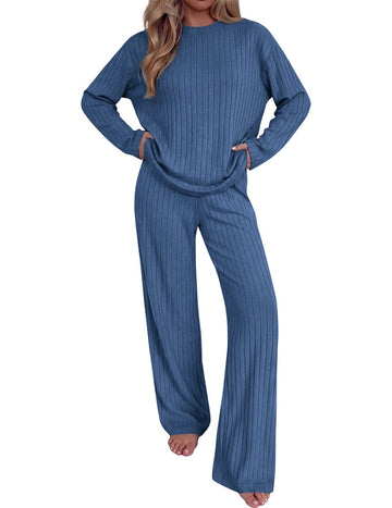 ekouaer-pyjama-set-gerippt-stehkragen-wide-leg-2-teilig image 5