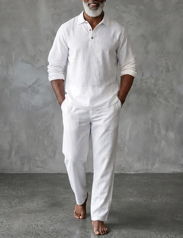 ekouaer-men-leinen-set-henley-hemd-hose-sommer-herren image 1