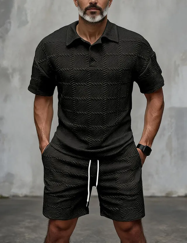 ekouaer-men-polo-set-jacquard-shorts-beige image 1