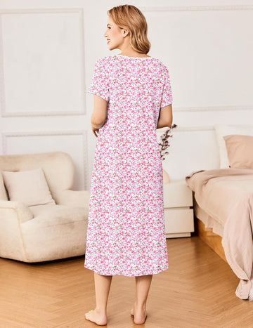 ekouaer-nightgowns-nachthemd-kurzarm-blumen-taschen-knopfleiste image 5