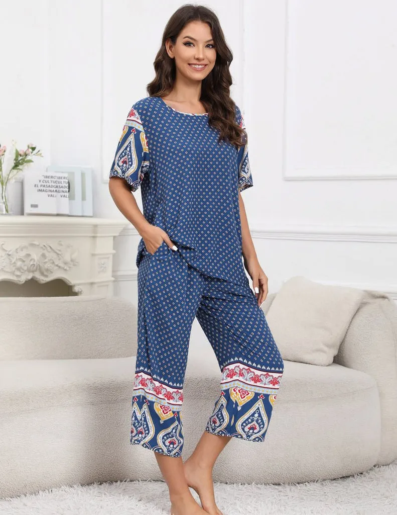 ekouaer-pajama-sets-kurzarm-capri-pyjama-blumen-taschen image 1