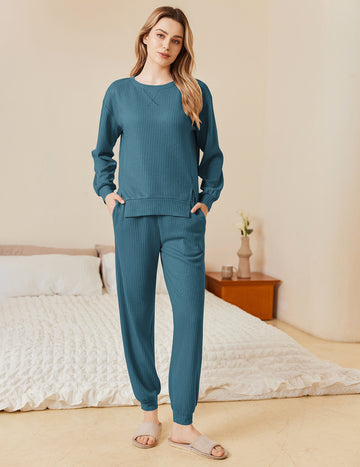 ekouaer-pajama-sets-waffle-schlafanzug-langarm-hose-taschen image 5