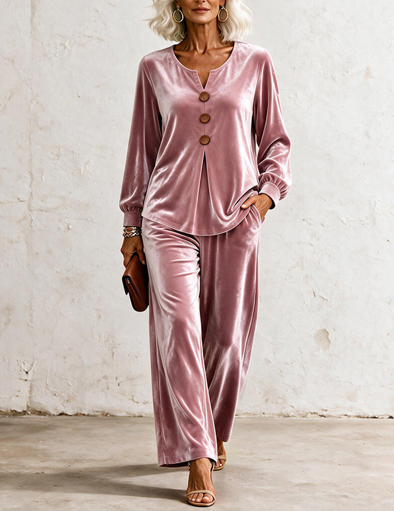 ekouaer-velvet-v-neck-schlafanzug-samt-wide-leg-pink image 3