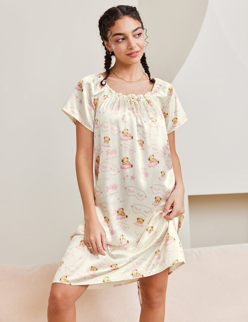 ekouaer-nightgowns-satin-nachthemd-kurzarm-blumen-knielang image 1