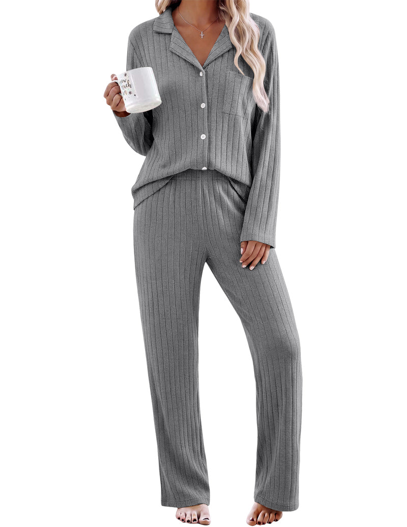 ekouaer-pajama-sets-schlafanzug-gerippt-langarm-hellblau image 2