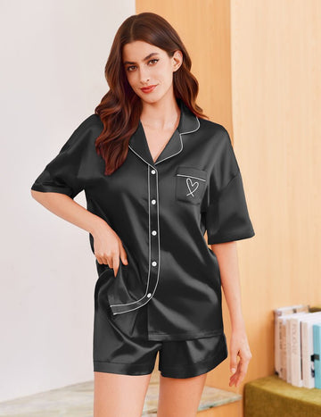 ekouaer-satin-pyjama-herz-stickerei-shorts-2tlg image 3