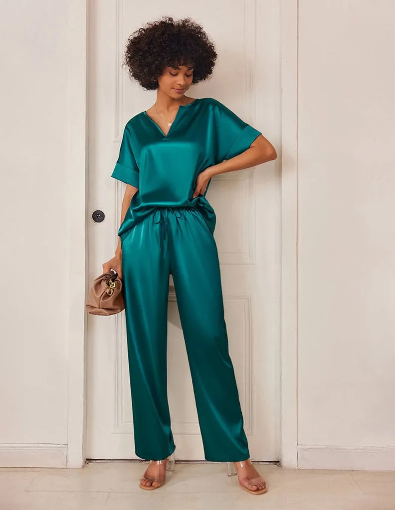 ekouaer-satin-v-neck-2-piece-pyjama-set-v-ausschnitt image 1