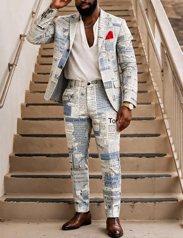 ekouaer-men-newspaper-print-anzug-blazer-hose-slim image 1