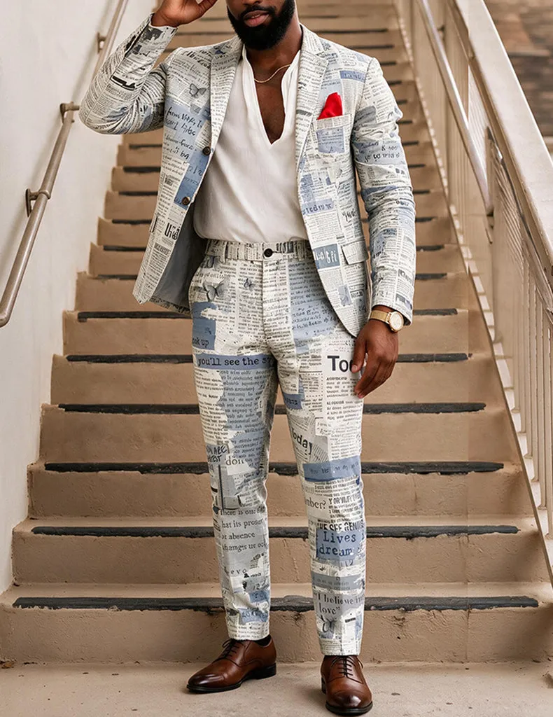 ekouaer-men-newspaper-print-anzug-blazer-hose-slim image 1
