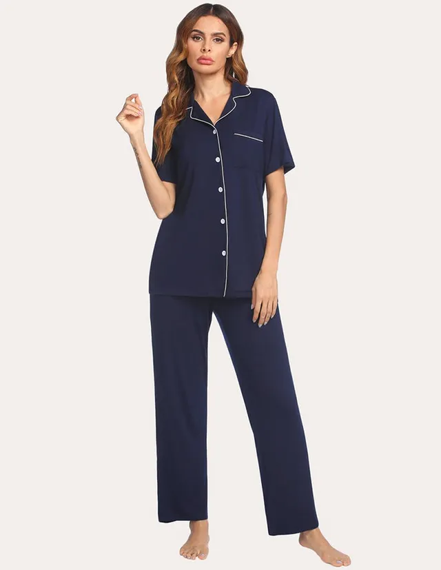 ekouaer-pajama-sets-schlafanzug-kurzarm-lange-hose-mit-paspel image 1